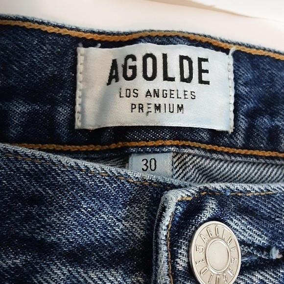 AGOLDE Quinn Denim Mini Skirt Sz 30 High Waist Distressed Raw Hem Jean Skirt - Picture 7 of 7